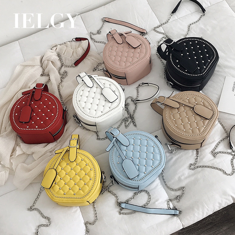Túi đeo chéo IELGY kiểu dáng tròn đính đinh tán cá tính thời trang dành cho nữ