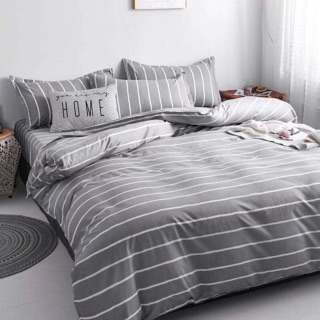 Bộ Drap & Chăn Phao Cotton Poly Kẻ Sọc Xám