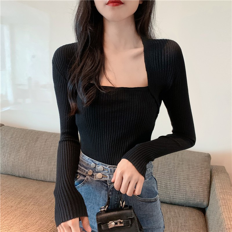 Áo len tay dài cổ vuông ôm sát màu trơn cho nữ | BigBuy360 - bigbuy360.vn