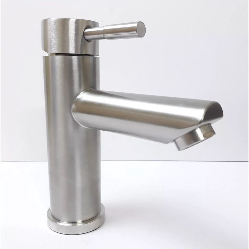 Vòi Lavabo nóng lạnh hình trụ tròn inox 304 trắng mờ cao cấp siêu bền cần gạt gật gù tròn + Tặng 2 Dây cấp nước NL