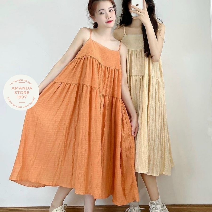Váy 2 dây đi biển, chất cotton kẻ xốp 5 màu hót hít