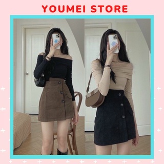 Chân Váy Nhung Tăm Cạp Cao Cúc Lệch Hàng Loại 1 Chuẩn Shop - Youmei V01