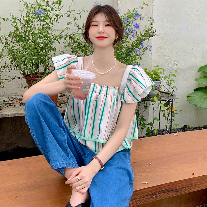 Jiashucheng Áo Sơ Mi Ngắn Tay Ống Bay Họa Tiết Kẻ Sọc Thời Trang Mùa Hè Kiểu Pháp Có Thể Tháo Rời Cho Nữ