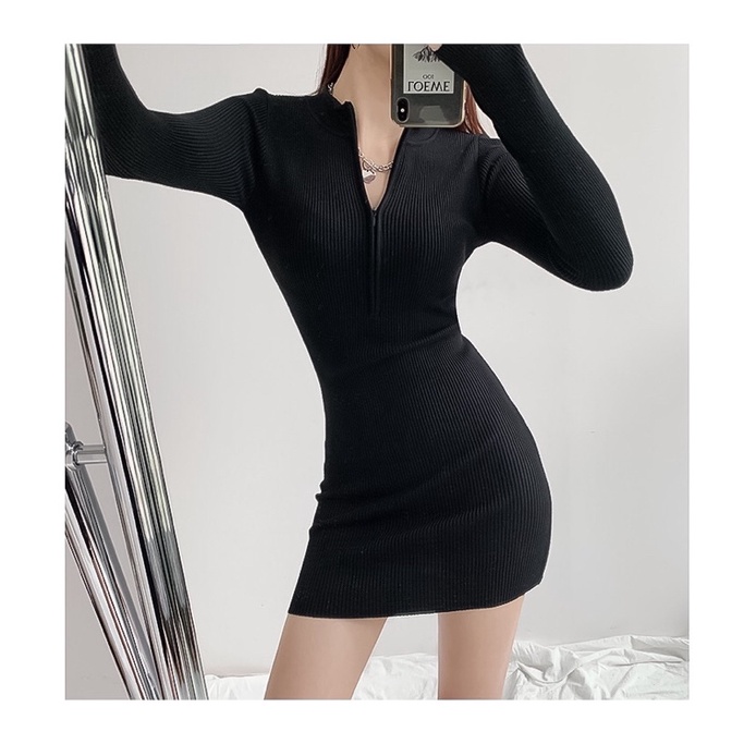 Đầm body ngắn nữ Tay dài Kéo khoác trước sexy Váy đầm dáng ngắn ôm body sexy Đi chơi Đi tiệc Tôn dáng quẩn bar pub