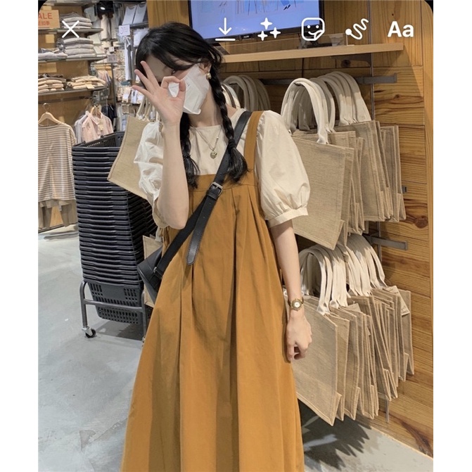 Set váy yếm màu vàng đất vintage