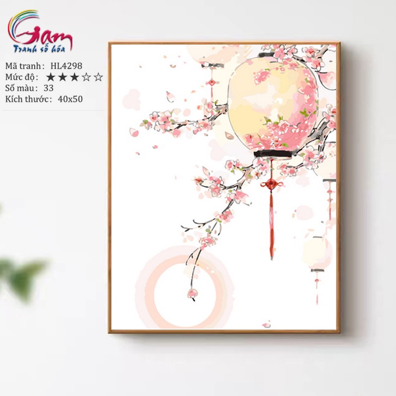 Tranh tô màu theo số Gam hoa đào đèn lồng có sẵn đã căng khung 40x50cm HL4298