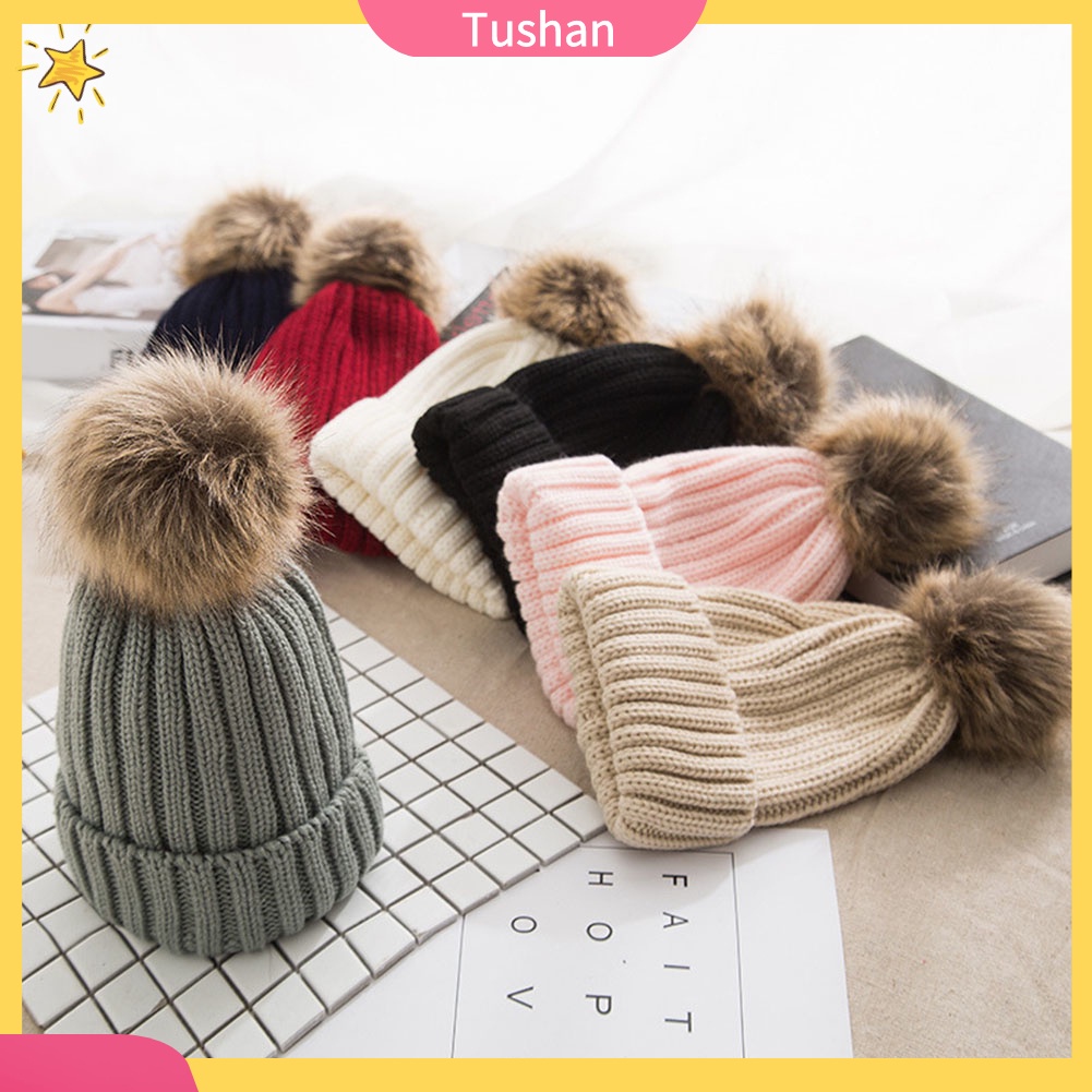 Mũ Beanie Dệt Kim Màu Trơn Đính Quả Cầu Lông Xinh Xắn