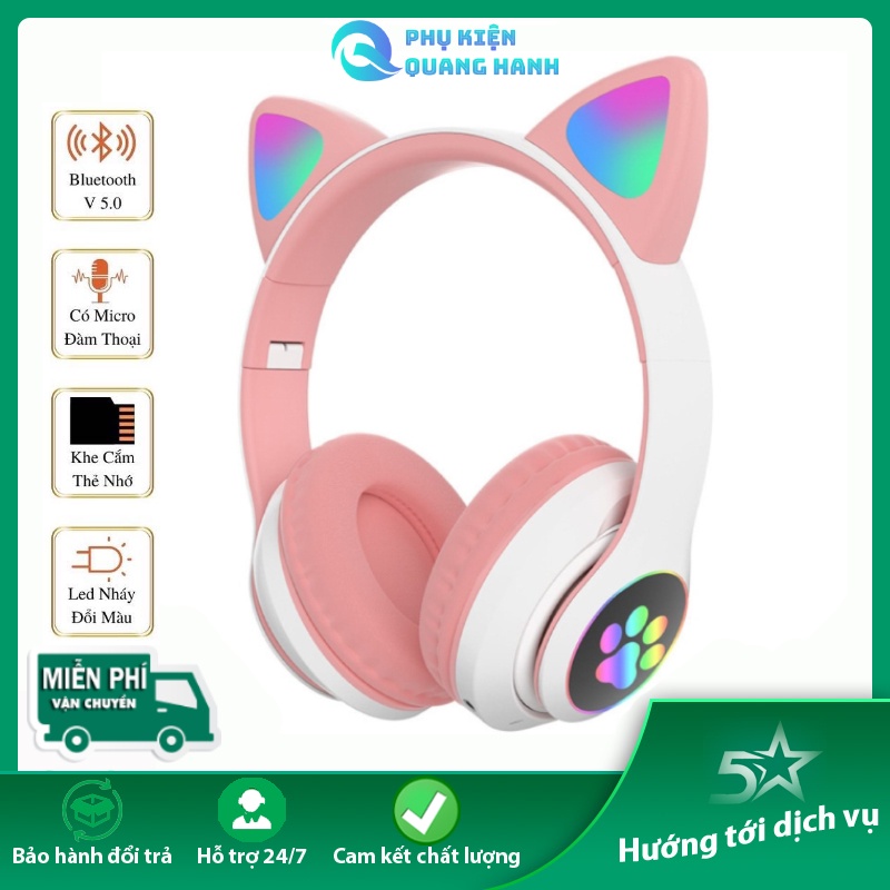 Tai Nghe Chụp Tai Bluetooth Không Dây Tai Mèo Đáng Yêu Có Đèn LED 23M