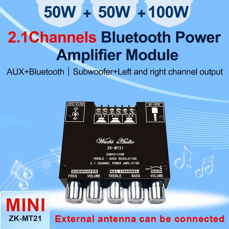 Bảng Mạch Khuếch Đại Âm Thanh Siêu Trầm ZK-MT21 2.1 Kênh Bluetooth 5.0 50WX2+100W AMP AUX