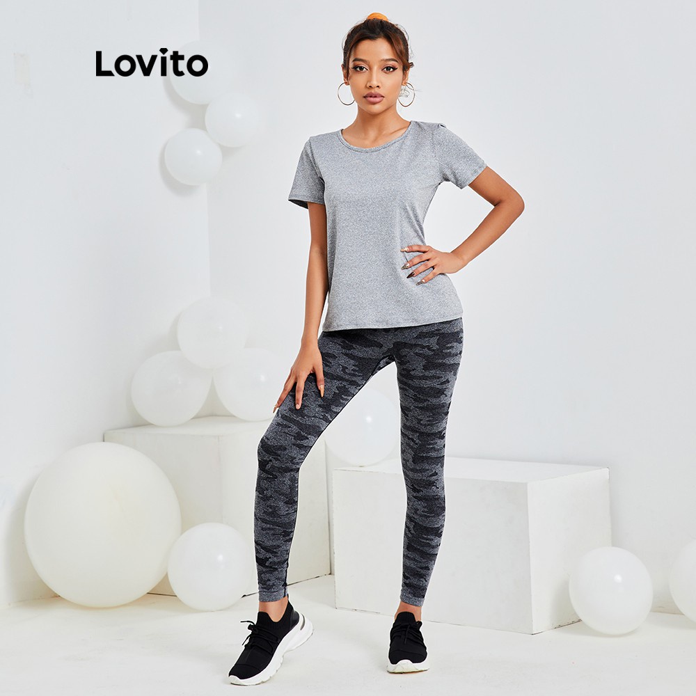 Áo thể thao Lovito ôm vừa vặn độ co giãn cao hở lưng dạng xoắn màu trơn L13X074 (Màu xám)