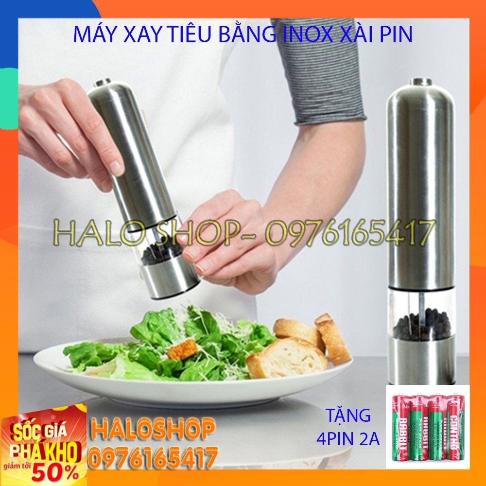 Máy xay tiêu inox sài pin tự động xay - Tặng kèm 4 pin 2A