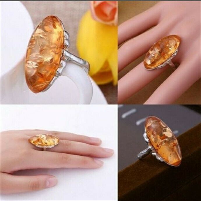 Nhẫn Đá Hổ Phách Hình oval Kích Cỡ 6-10