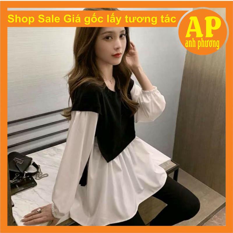 Áo phối vạt sơ mi nơ ep có ảnh thật sp