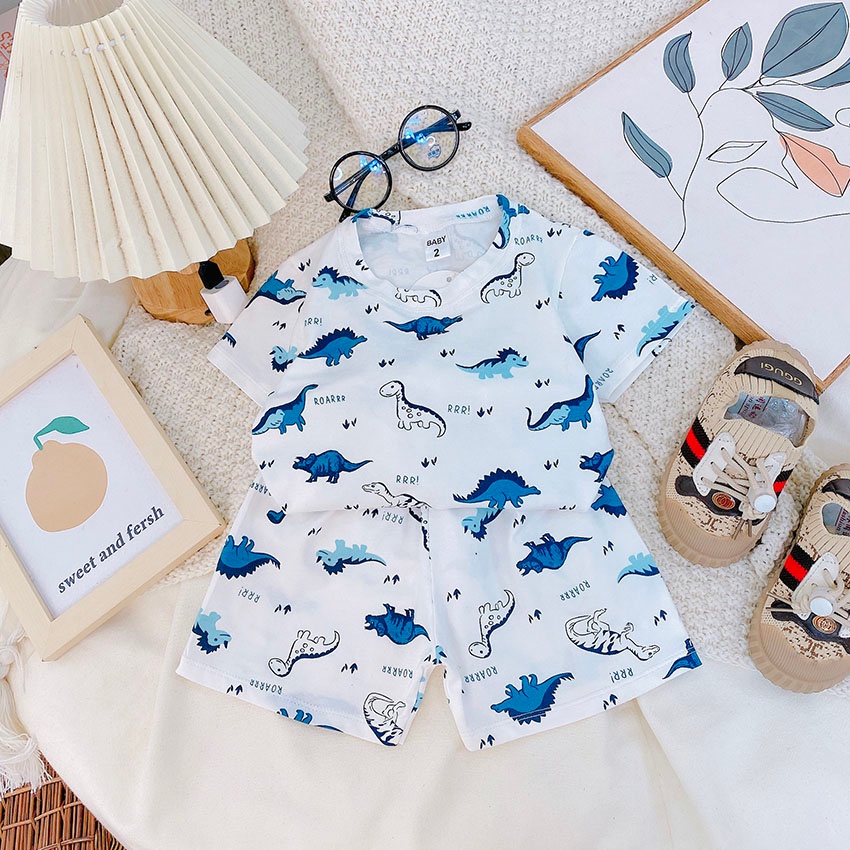 Bộ Quần Áo Trẻ Em Cộc Tay In Nhiều Hình Khủng Long Vải Cotton Thấm Mồ Hôi Cho Bé Trai Từ 7-19kg Mã CT54