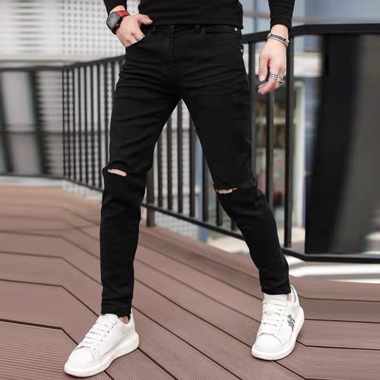Quần jean nam đen rách gối dáng skinny, quần bò vải co giãn 4 chiều hàn quốc Shopbojin