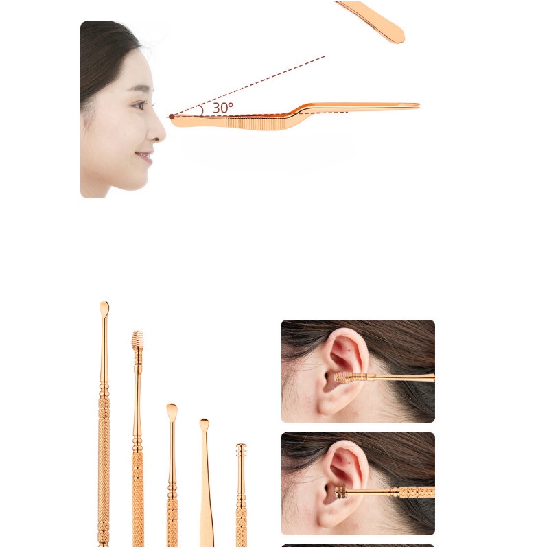Bộ 7 Dụng Cụ Lấy Ráy Tai Có Đèn LED Bằng Thép Không Gỉ Màu Vàng Hồng Chất Lượng Cao (Tặng kèm hộp và pin)