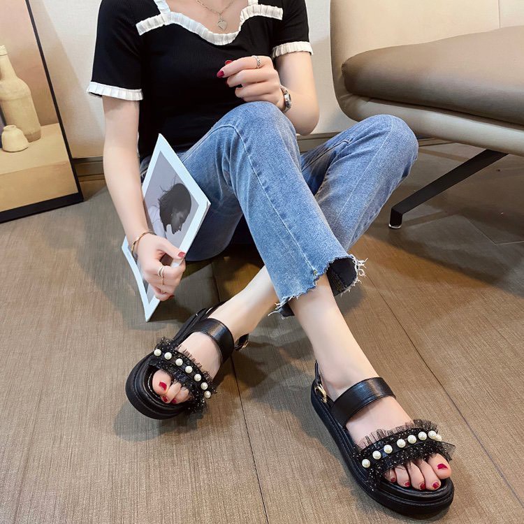 (S119) Sandal nữ đế bánh mì 3 phân quai ren ngọc (mã 2202-ren ngọc)