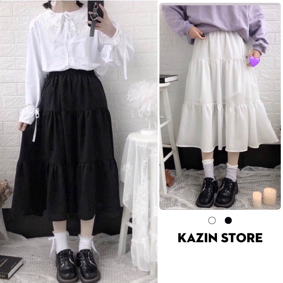 Chân Váy Dài Thiết Kế 3 Tầng Chất Liệu Voan - Chân Váy Ulzzang Cạp Chun Màu Đen Trắng Basic CV002