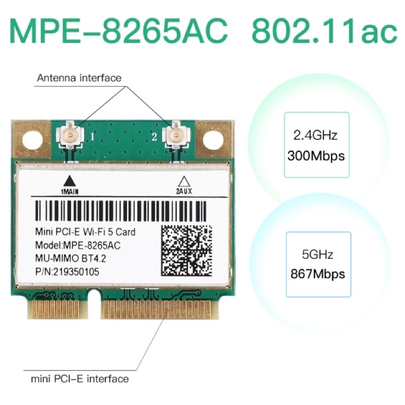 Card wifi 8265HMW băng tần kép 5Ghz 867Mbps kèm Bluetooth 4.2 mini pcie dành cho laptop PC