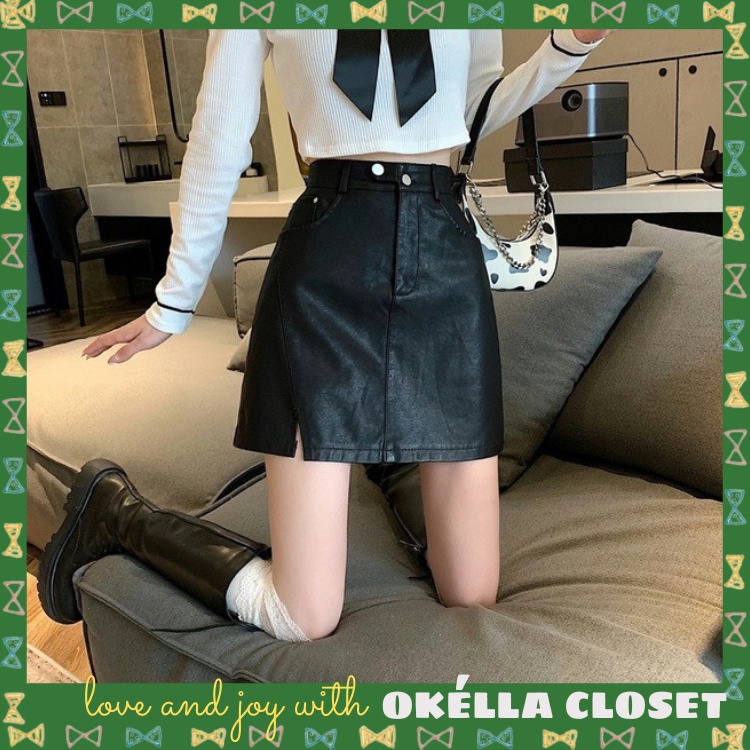 Chân váy chữ A lưng cao, chân váy da phối cúc xẻ tà có quần lót trong Okella | BigBuy360 - bigbuy360.vn