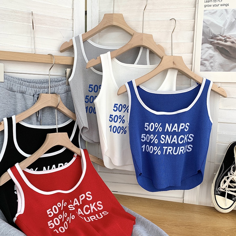 NUZIRO  Áo dệt kim  không tay dáng ôm in chữ phong cách Hàn Quốc dành cho nữ