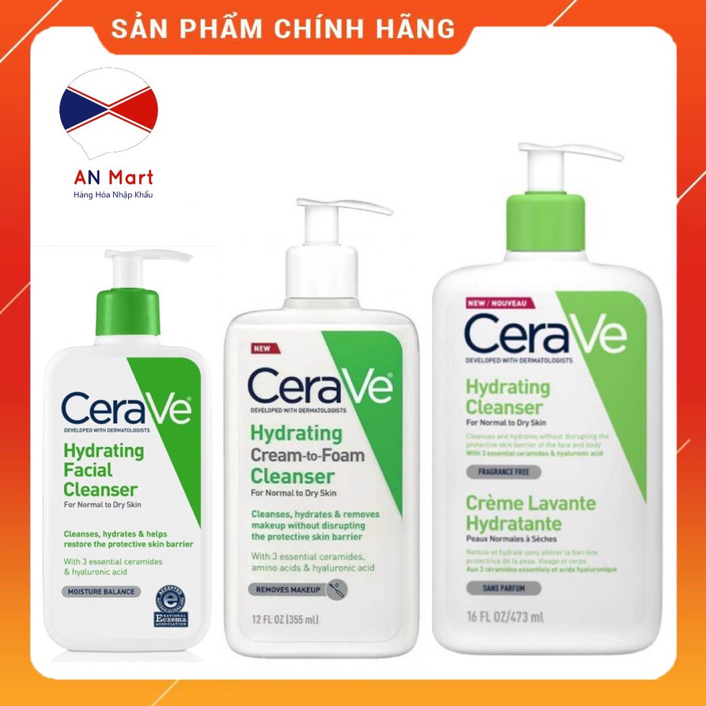 Sữa Rửa Mặt Tẩy Trang Cerave Hydrating Cream To Foam Cleanser Dạng Kem 237ml, 355ml, 473ml