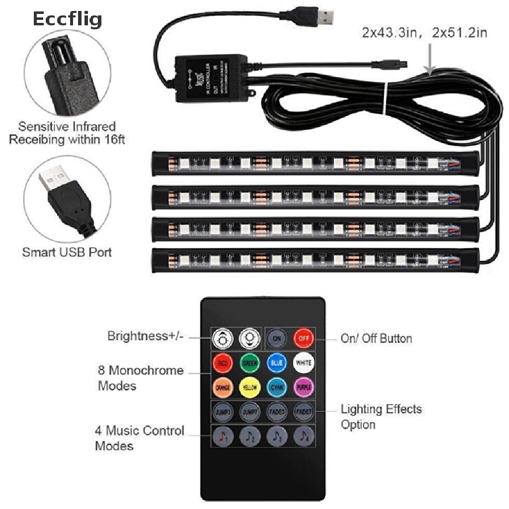 Set 4 Dải Đèn Led 9 Bóng Rgb Cổng Sạc Usb Trang Trí Nội Thất Xe Hơi