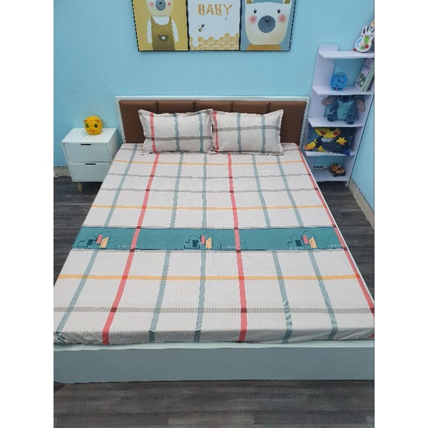 Bộ Ga Gối Trải Giường Poly Cotton M2/M6/M8 Drap giường bo chun có kèm 2 vỏ gối họa tiết kẻ