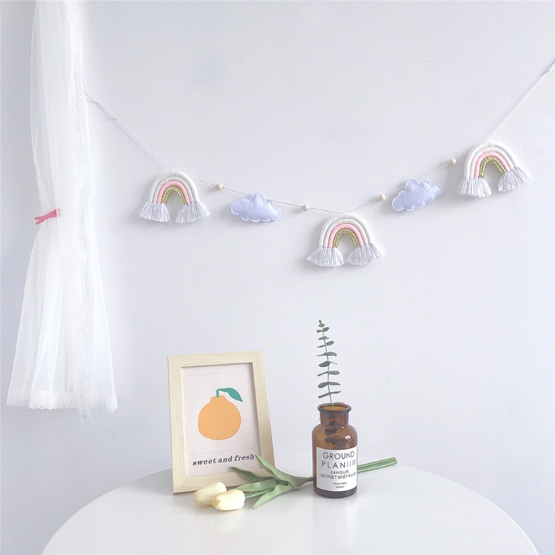 Sợi dây có hạt gỗ bắc âu bằng nỉ mây đan len màu sắc cầu vồng có tua rua treo trang trí đạo cụ chụp ảnh