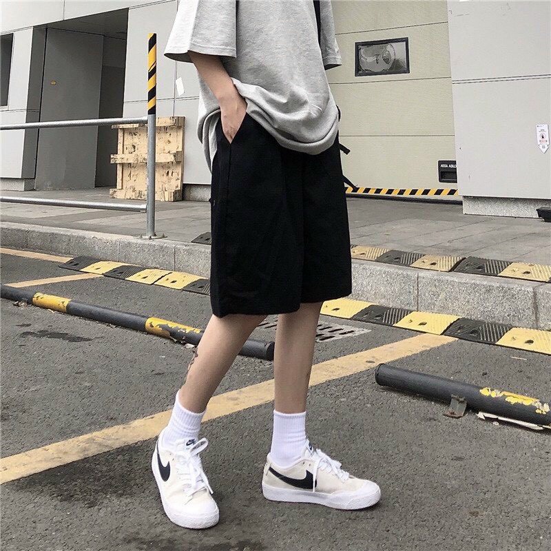 Quần Shorts nam nữ MEANSTORE sooc ống suông cạp chun Ulzzang short thể thao mặc ở nhà đi tập thoáng mát - Kaki đen basic