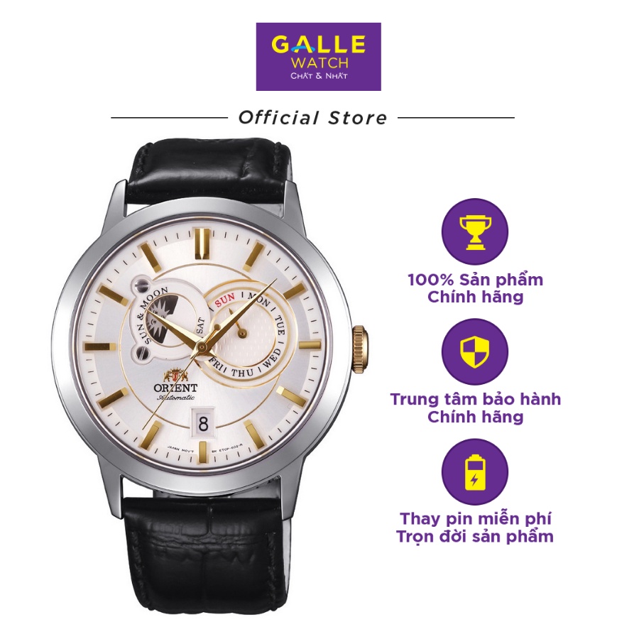 Đồng hồ cơ nam Orient FET0P004W0 Sun and Moon, mặt kính Sapphire chống xước, chống nước 3 ATM, dây da cao cấp chính hãng