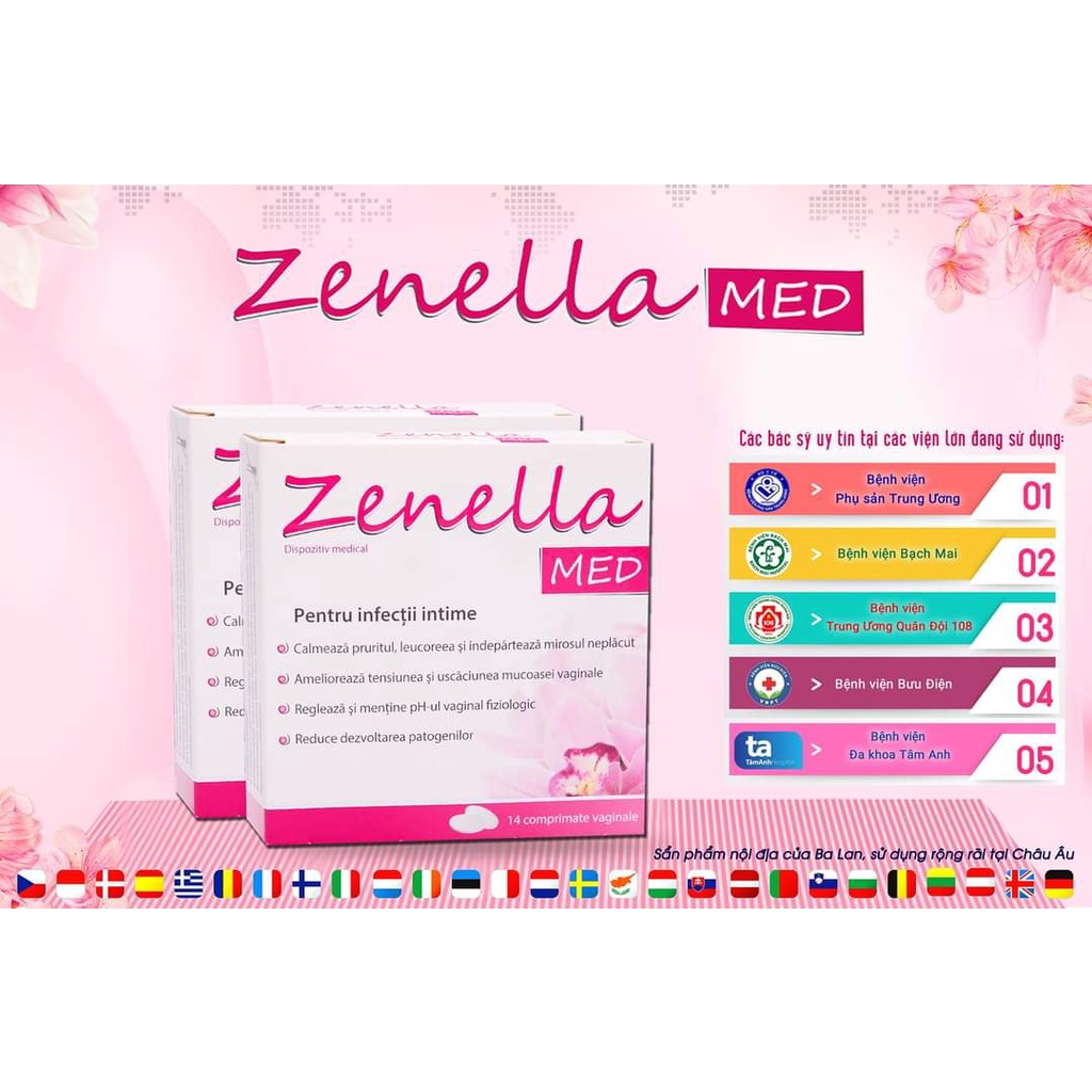 Zenella MED - Vệ Sinh Vùng Kín Nữ, Dưỡng Ẩm, Tái Tạo Da, Giảm Ngứa, Khử Mùi Hôi (Hộp 14 Viên) [Chính Hãng]