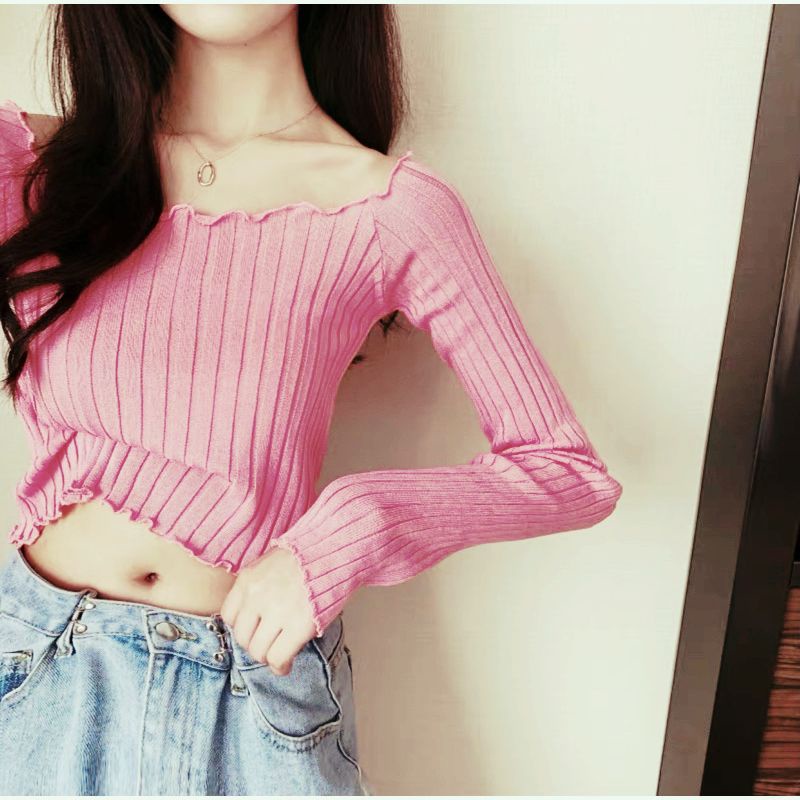 Áo Croptop trễ vai chất dệt kim cuộn viền tôn dáng G2-1 Pipy store, áo crt kiểu dài tay bẹt vai