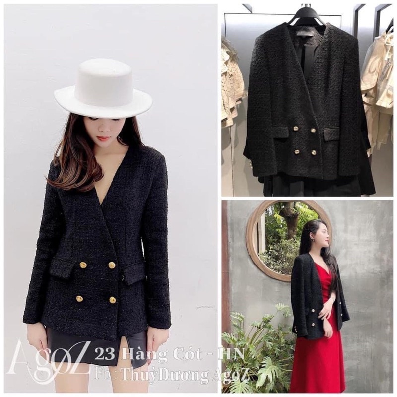 Blazer zara new tag màu đen dạ tweed