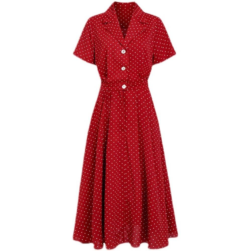 Đầm Sơ Mi Đỏ Dáng Dài Ôm Eo Họa Tiết Chấm Bi Cổ Điển Kiểu Pháp