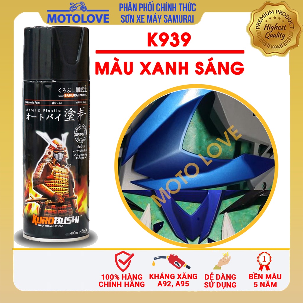 Sơn Samurai màu xanh sáng kawasaki K939 chai sơn xịt chuyên dụng nhập khẩu từ Malaysia.