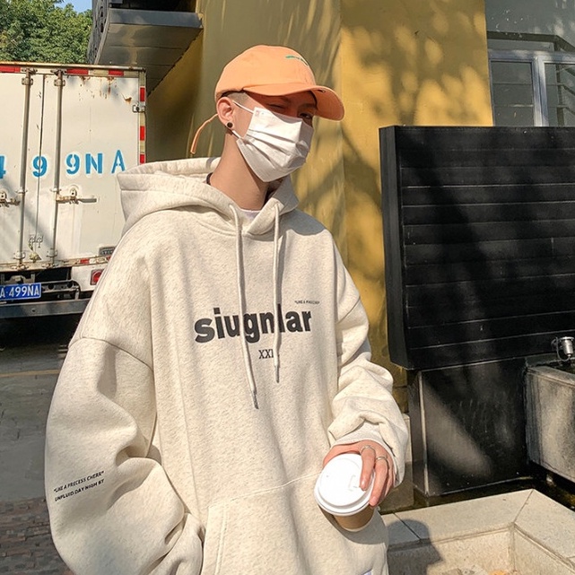 Áo hoodie tay dài có mũ trùm đầu dáng rộng phong cách Hàn Quốc cho nam