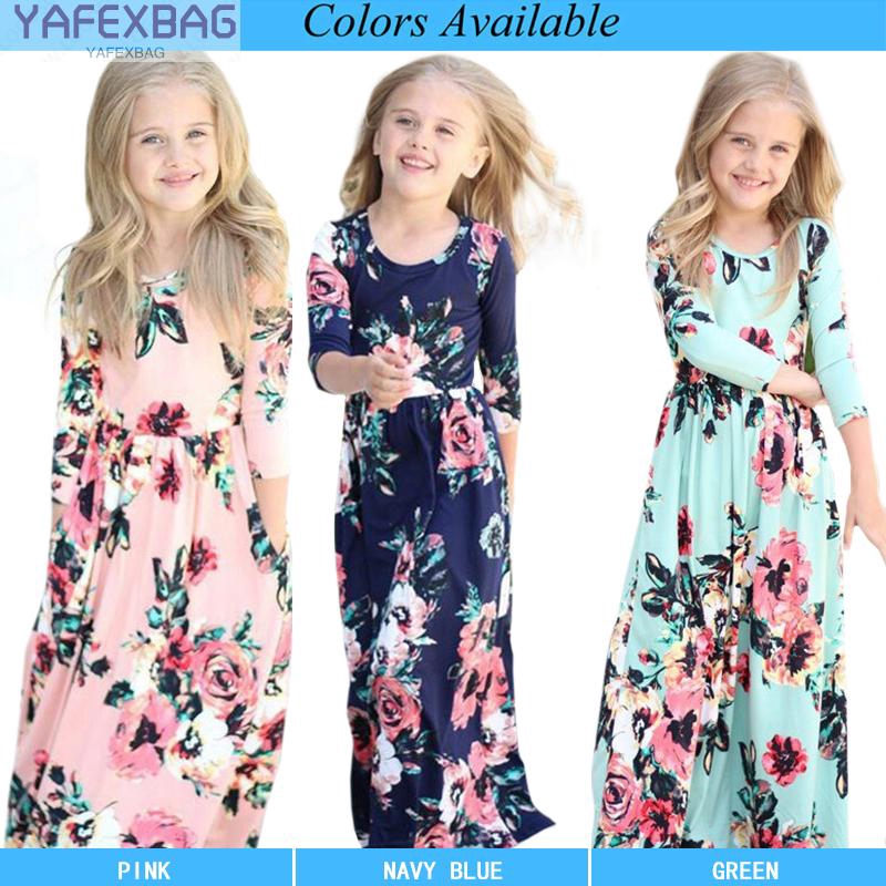 Đầm maxi dài tay in hoa phong cách Boho cho bé gái