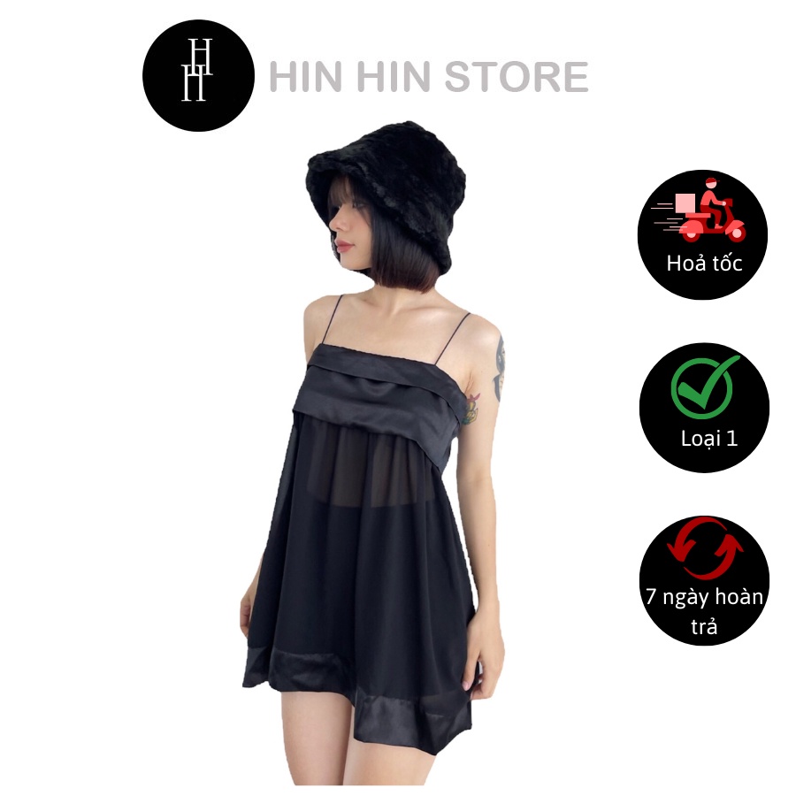 Set áo babydoll hai dây voan và quần short màu đen HS132 Hỉn Hỉn Store