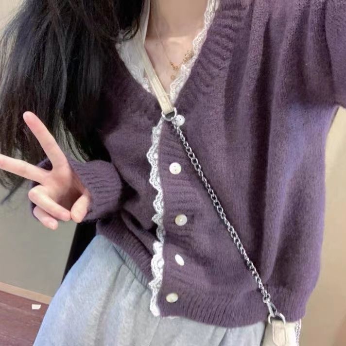 Áo Khoác Cardigan Dệt Kim Dáng Ngắn Form Rộng Phối Ren Thời Trang Cho Nữ