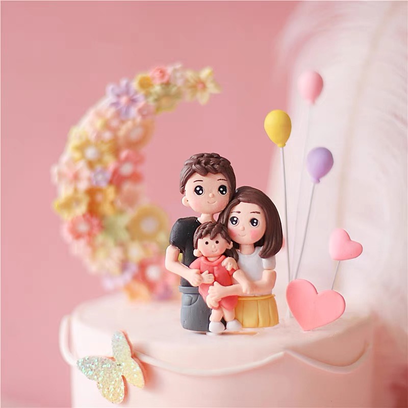 Trang trí gốm mềm gia đình 3 người - Phụ kiện trang trí bánh sinh nhật