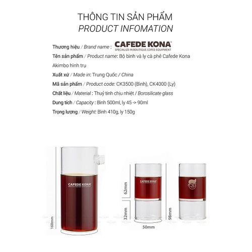 Bộ bình và ly pha cà phê CAFEDE KONA AKIMBO hình trụ