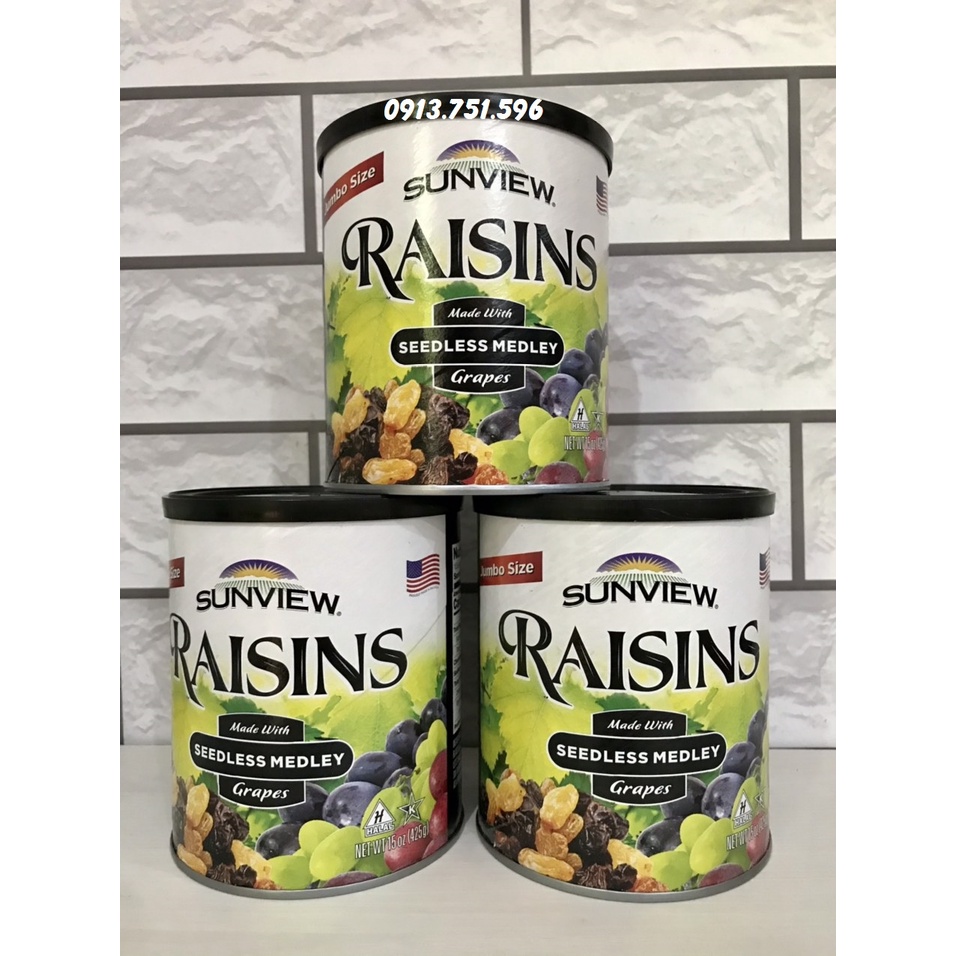 &lt; Chuẩn Raisins Mỹ&gt;Nho Khô Không Hạt Sunview Raisins 425g