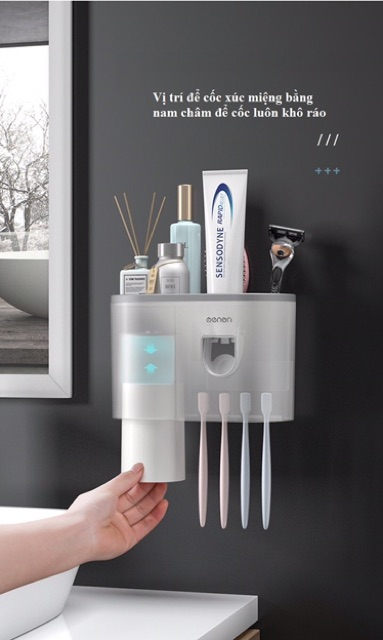 GQ376 Bộ nhả kem và cốc để bàn chải đánh răng tự động tiện lợi nhựa ABS an toàn (Tặng Kèm Miếng Dán)