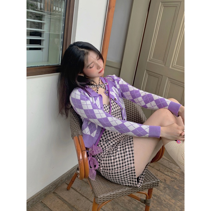 HUANG YOYO    Áo khoác len dài tay kiểu Hàn Quốc retro họa tiết ca rô thời trang cho nữ | BigBuy360 - bigbuy360.vn