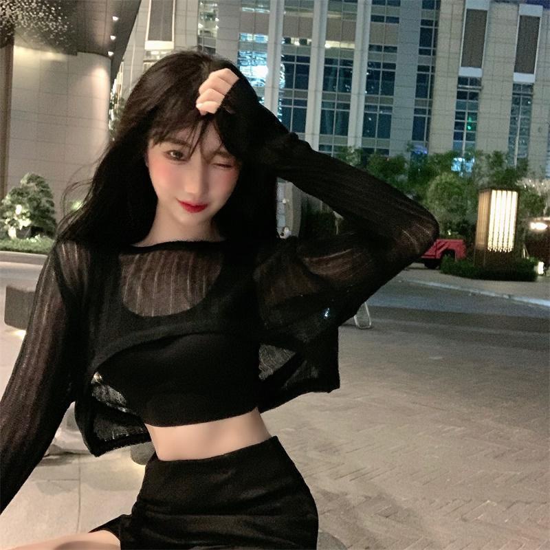 Áo Sweater Tay Dài Trong Suốt Nhẹ Nhàng Chống Nắng Thiết Kế Thân Ngắn Kiểu Nước Ngoài