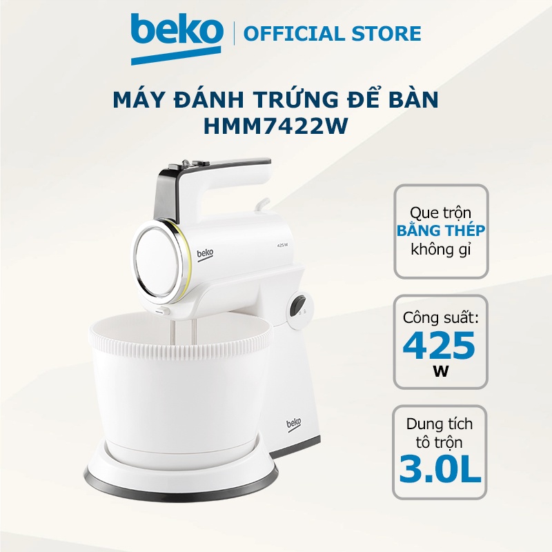 [Inbox Tặng Voucher+Quà] Máy đánh trứng để bàn Beko HMM7422W có tô trộn 3L tự động xoay, gồm que đánh trứng và trộn bột