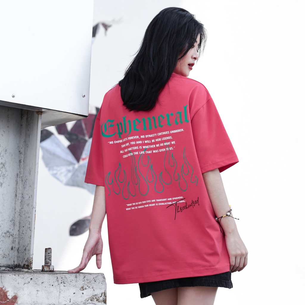 Áo Thun Màu Hồng In Chữ Ephemeral Xanh Lá Chất Liệu 100% Cotton Form Rộng Thoải Mái Unisex Nam Nữ