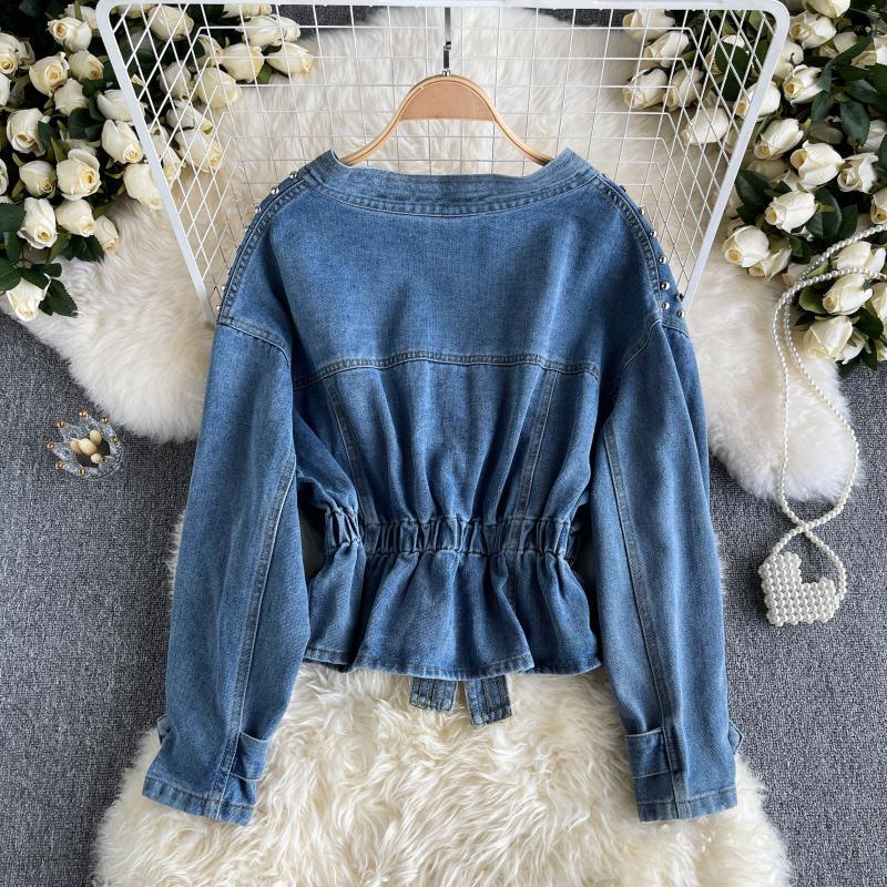 Áo Khoác Denim Đính Hạt Kim Cương Dáng Rộng Phong Cách Công Nghiệp Mùa Thu Cho Nữ