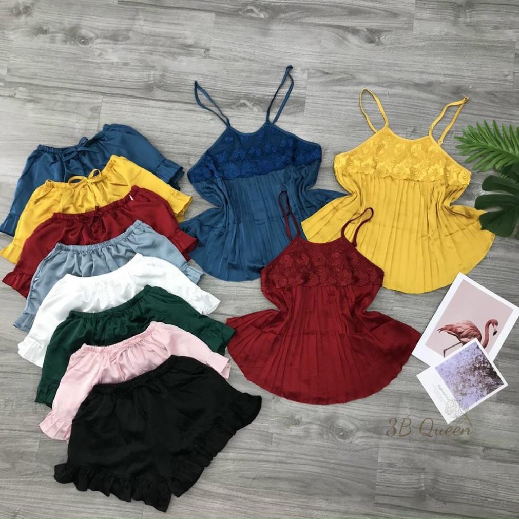 Bộ ngủ Áo yếm 2 dây dập ly phối ren, chất liệu lụa satin cao cấp, kèm quần bèo gợi cảm | BigBuy360 - bigbuy360.vn